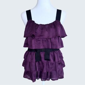 LC Lauren Conrad Plum Purple Ruffle Tank Top Black Ribbon Waist Size Small